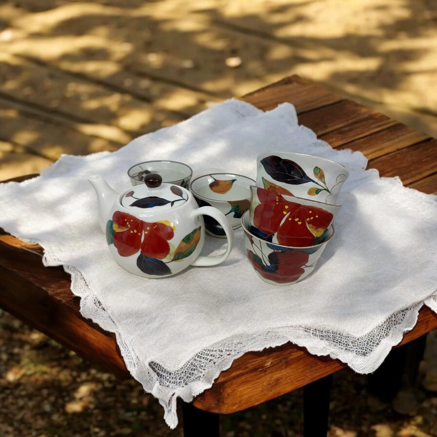 Set of 6 Japanese Mino Yaki Tea Pot Set (Red Multi Flora) - Koki Gifts and Homeware