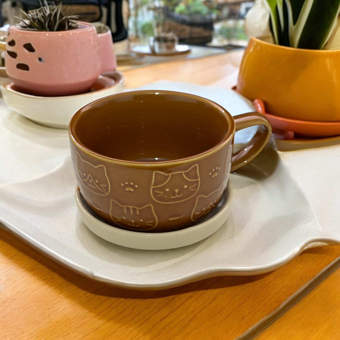 3 colour Cat Mug with sauce plate - Koki Gifts and Homeware
