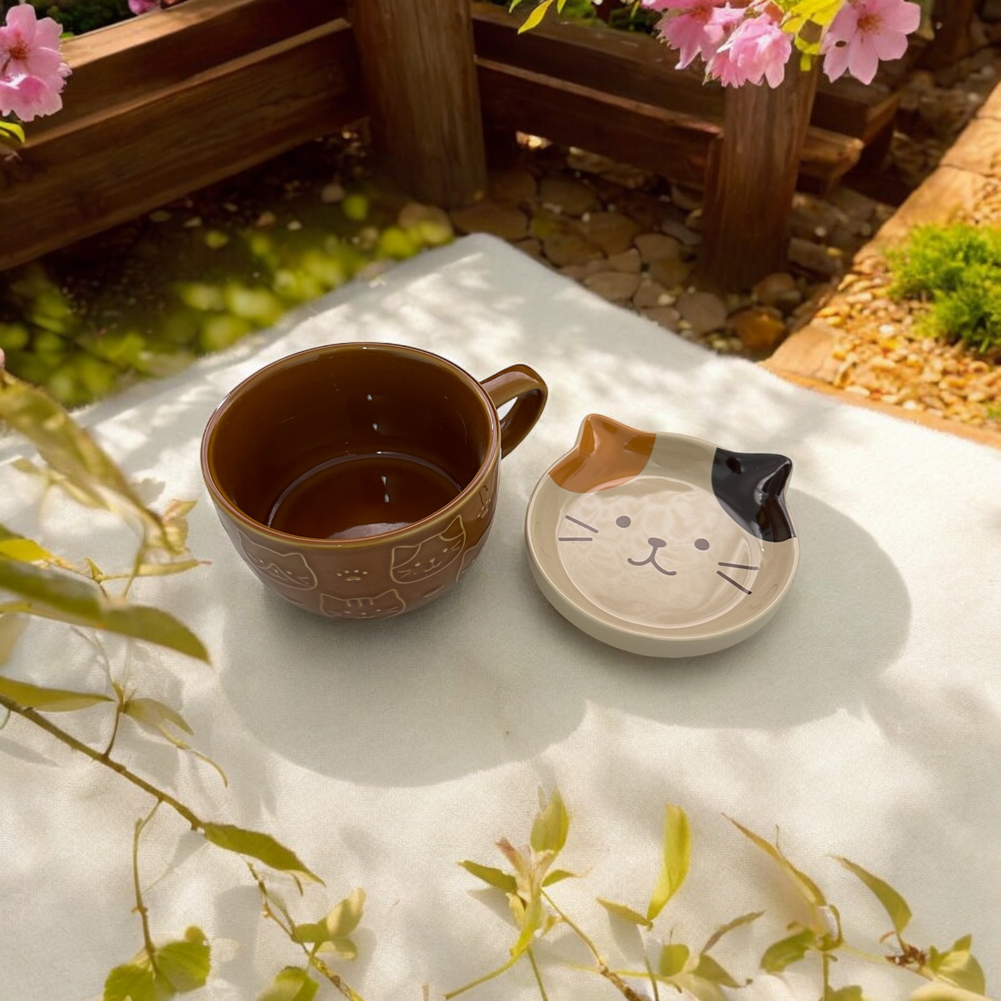 3 colour Cat Mug with sauce plate - Koki Gifts and Homeware