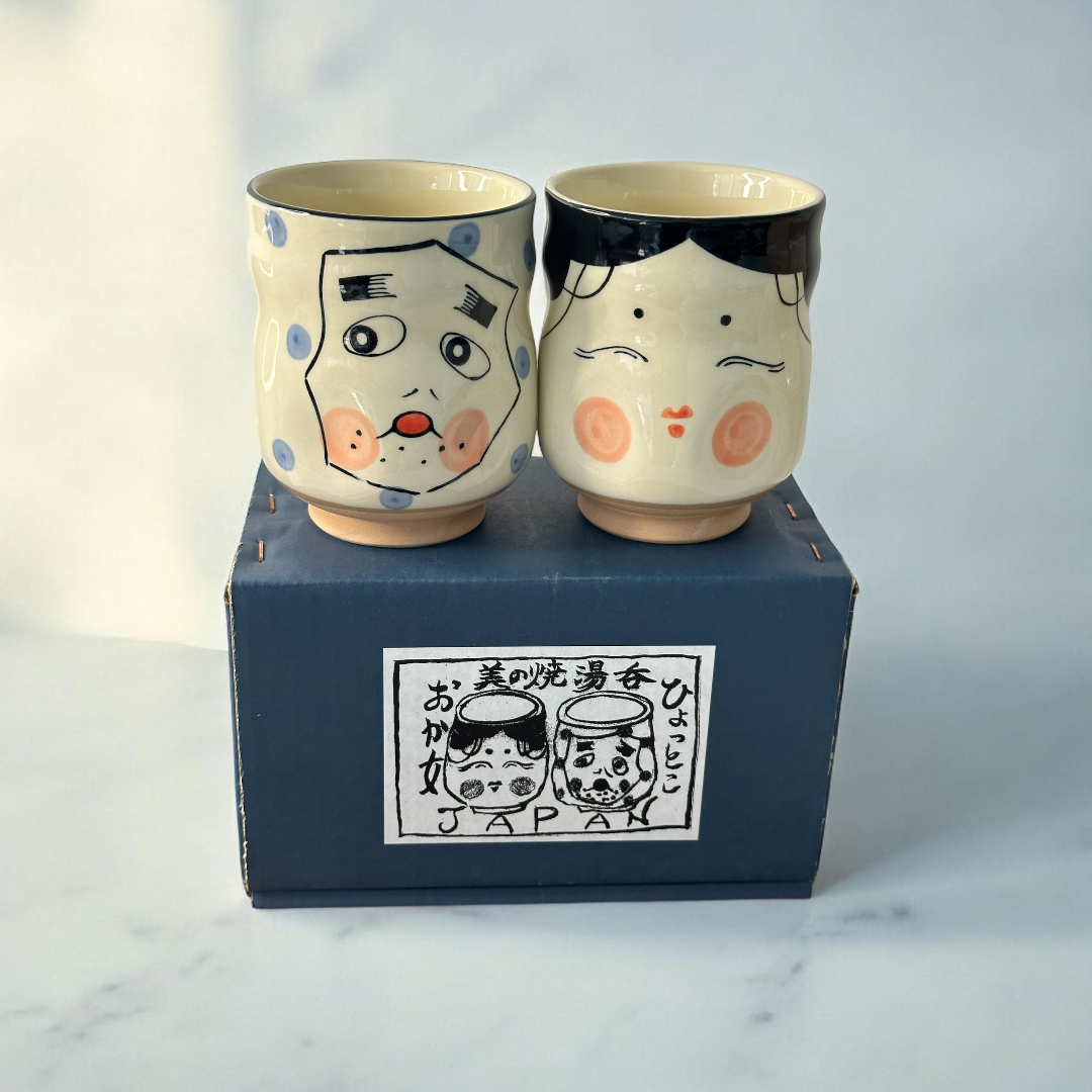 Mino ware Japanese Couple Teacup Set Hyotoko Gift Okame - Koki Gifts and Homeware