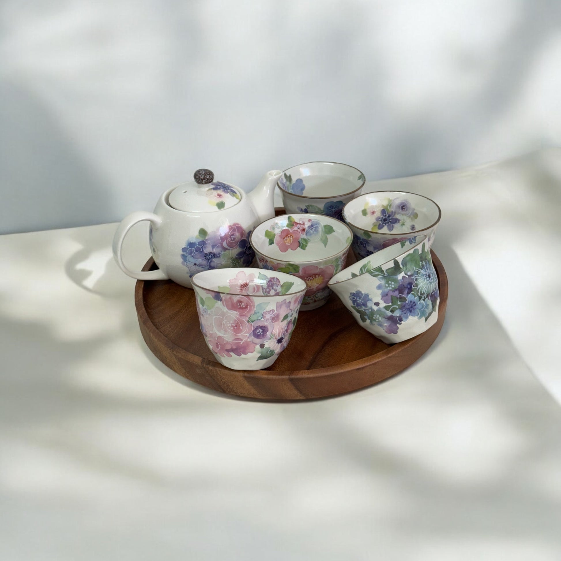 Set of 6 Japanese Mino Yaki Tea Pot Set  (Blue Purple Flora) - Koki Gifts and Homeware