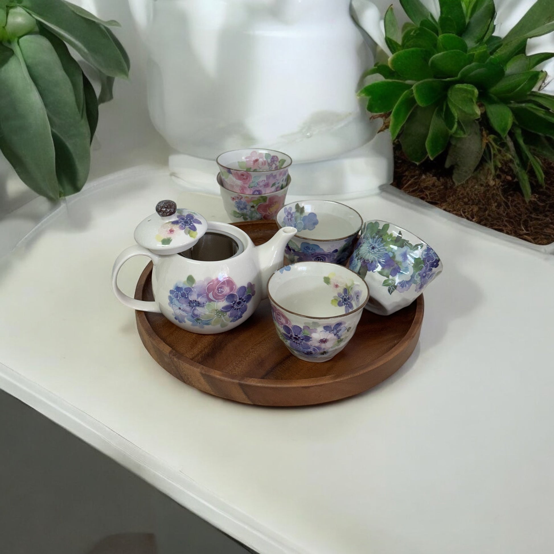 Set of 6 Japanese Mino Yaki Tea Pot Set  (Blue Purple Flora) - Koki Gifts and Homeware