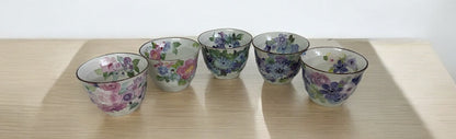 Set of 6 Japanese Mino Yaki Tea Pot Set  (Blue Purple Flora) - Koki Gifts and Homeware