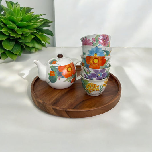 Set of 6 Japanese Mino Yaki Tea Pot Set (Multi Flora) - Koki Gifts and Homeware